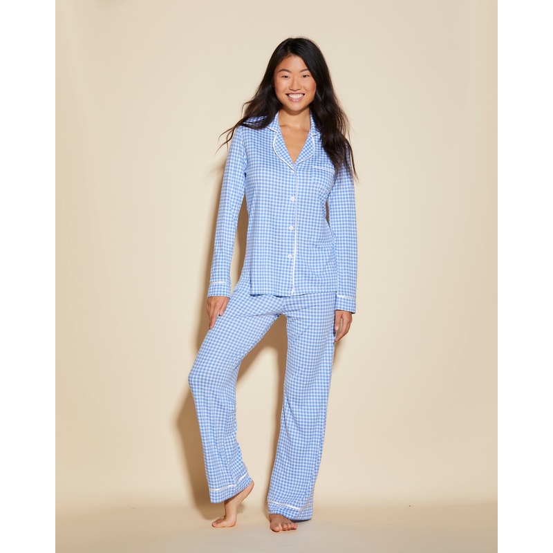 Long Sleeve Top & Pant Pajama Set Cielo Gingham/Moon Ivory XS