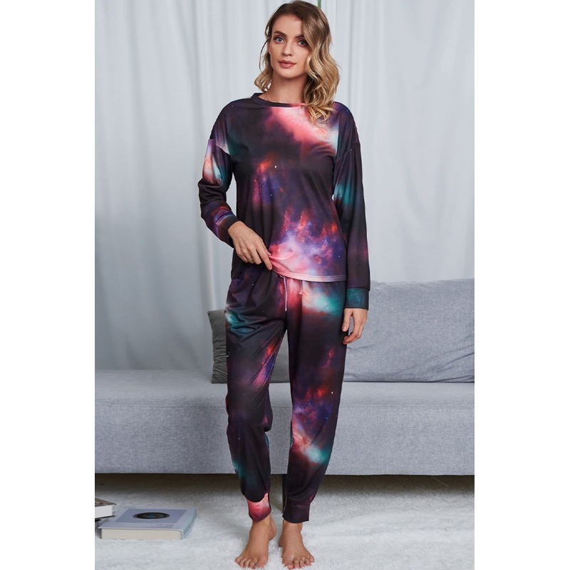 Shiny Tie-Dye Crewneck Top and Drawstring Waist Joggers Lounge Set Orange S