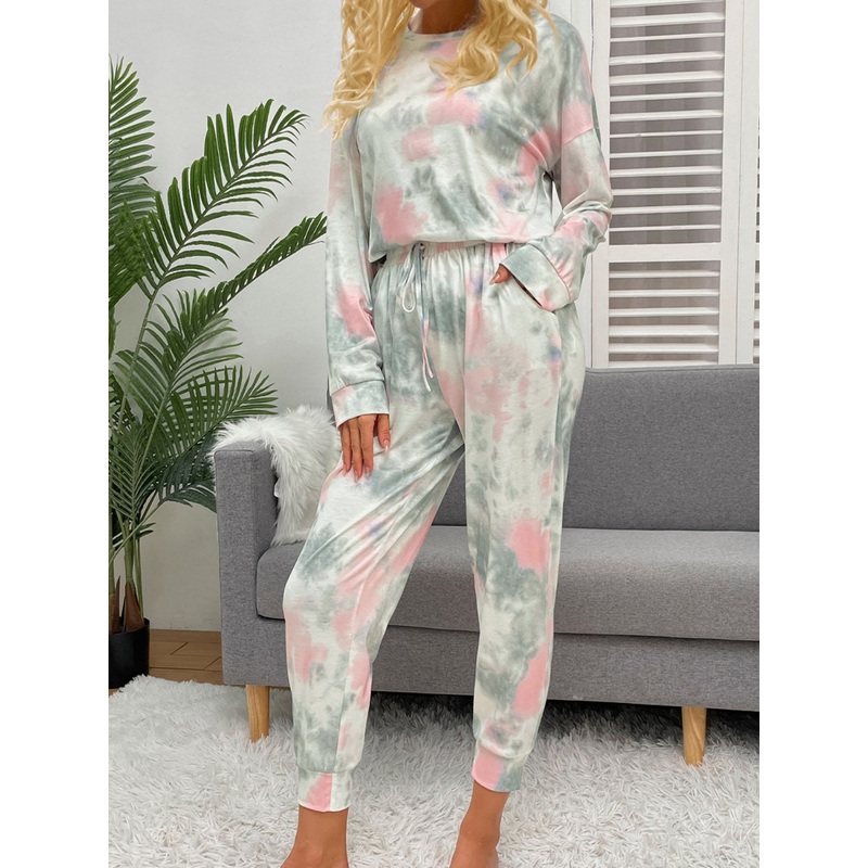 Shiny Tie-Dye Round Neck Top and Drawstring Pants Lounge Set Gray XS