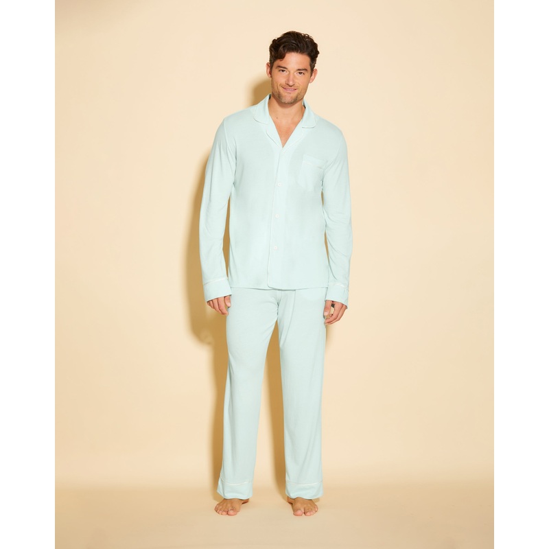 Klassisches Langrmeliges Top & Hose Pyjama-Set Fr Mnner Lagoon Mint/Ivory S