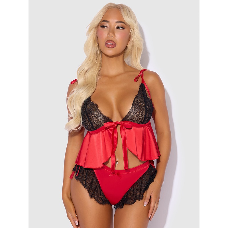 Scarlett Satin Sleep Tie Cami & Shorty Set Crimson Red/Black S/M