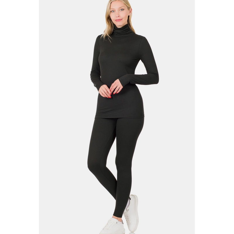 Zenana Full Size Turtleneck Top and Leggings Lounge Set Black S