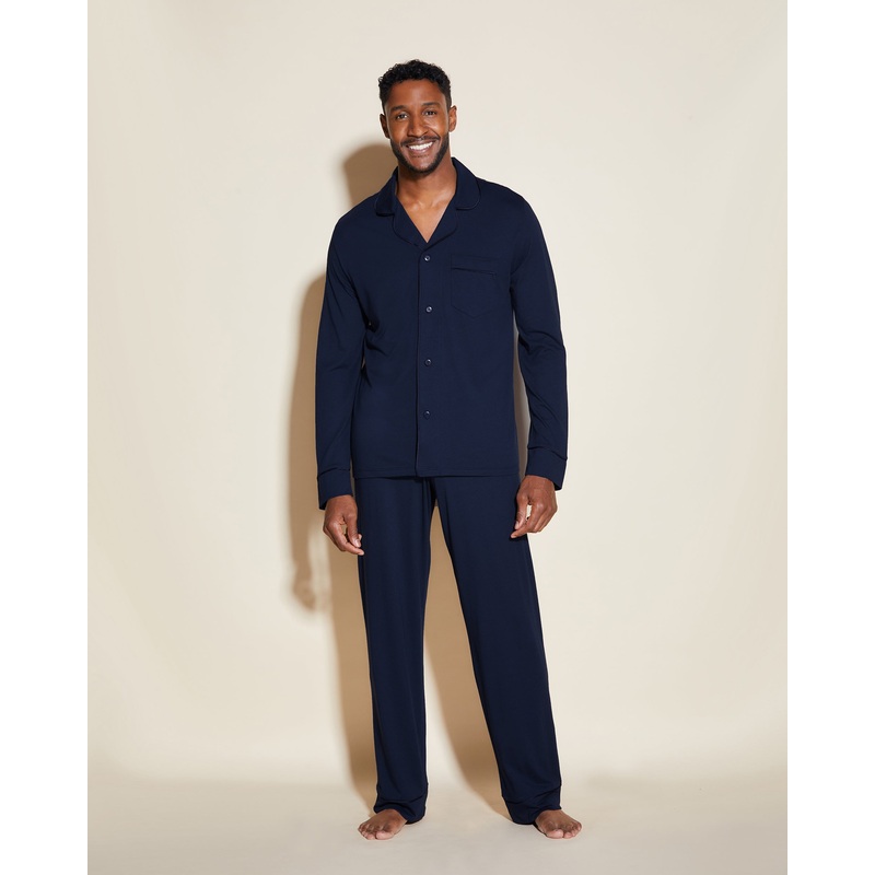 Klassisches Langrmeliges Top & Hose Pyjama-Set Fr Mnner Navy Blau S
