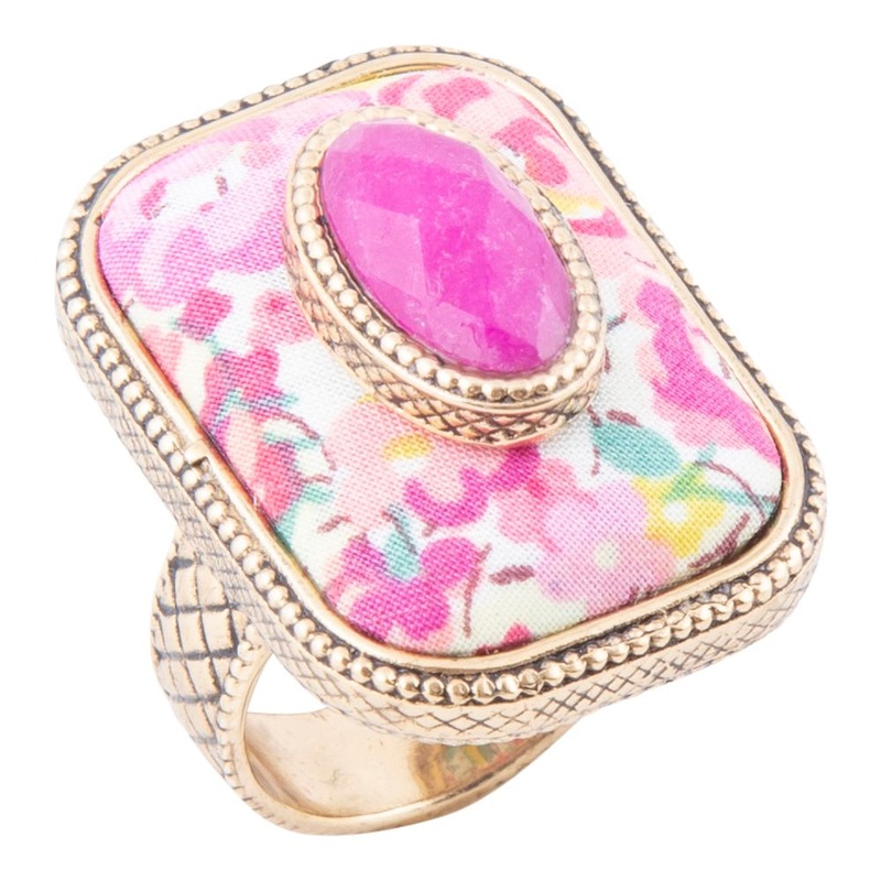 Pink Agate Stacked Stone Floral Golden Statement Ring 7