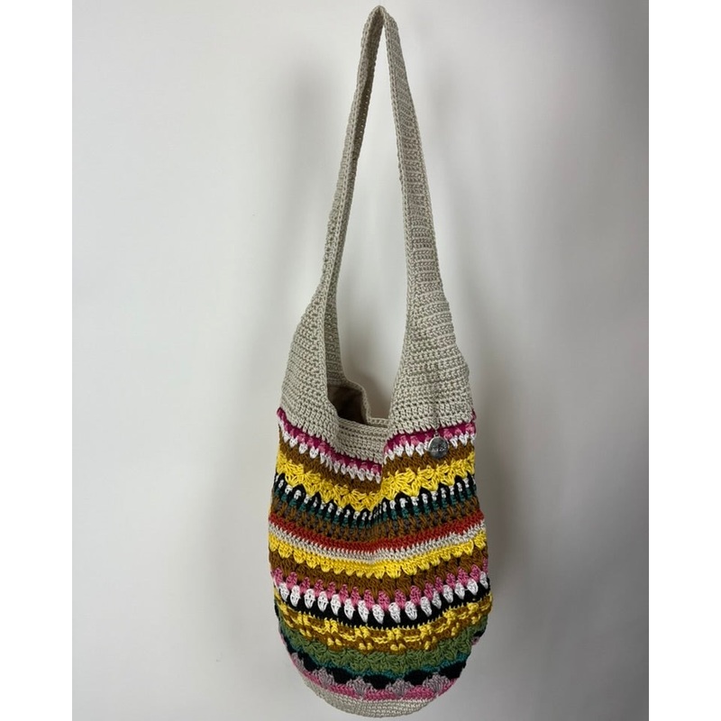 Beige Multicolor Crochet Bucket Tote Bag