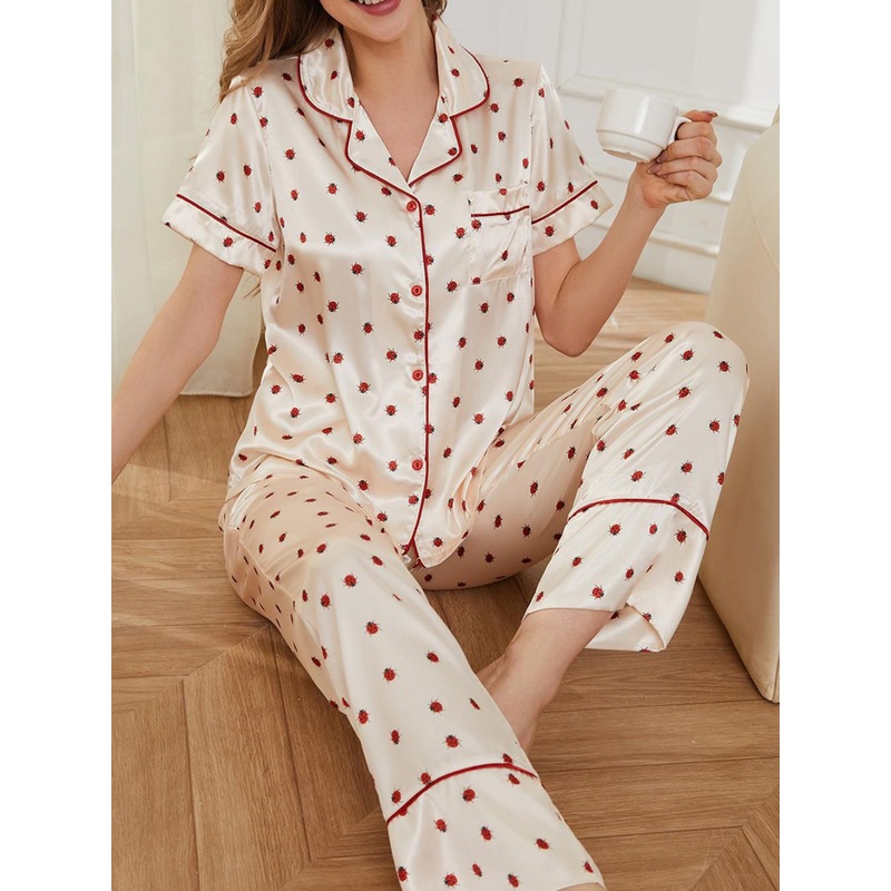 Contrast Piping Pocketed Top and Pants Lounge Set Tan S