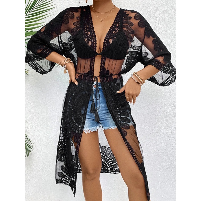 Lace Open Front Longline Cover-Up Black One Size
