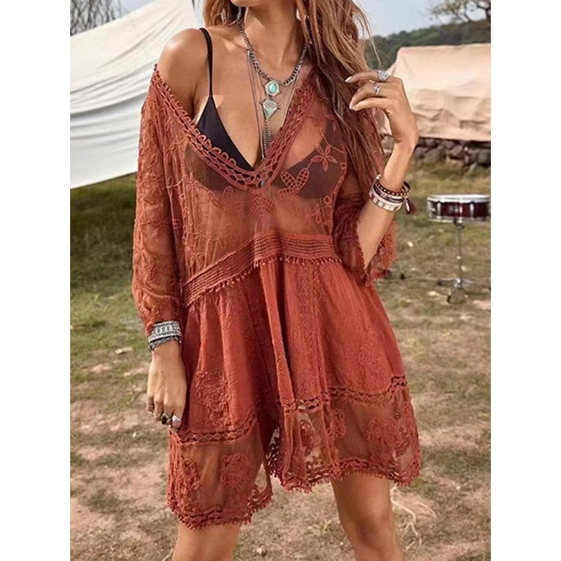 Lace Detail Plunge Cover-Up Dress Rust One Size