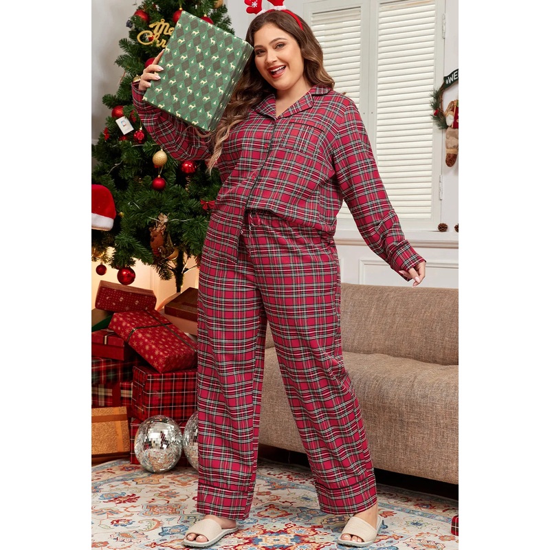 Plus Size Plaid Collared Neck Top and Pants Lounge Set Plaid 1XL