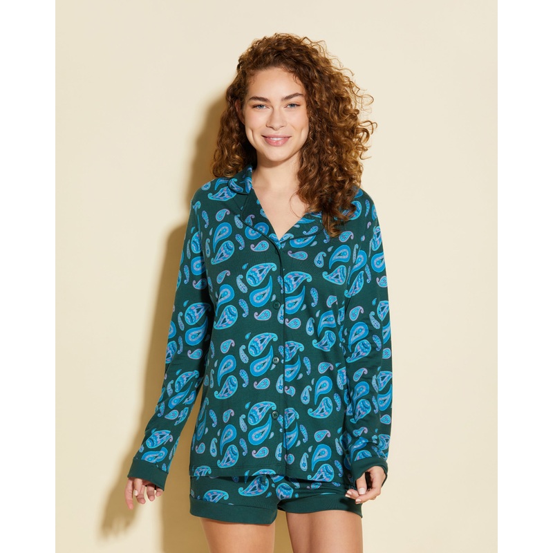 Printed Long Sleeve Top & Boxer Pajama Set Congo Paisley XS