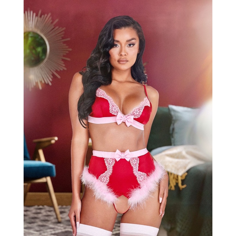 2pc Lace & Satin Marabou Bra Set Small Red/Pink