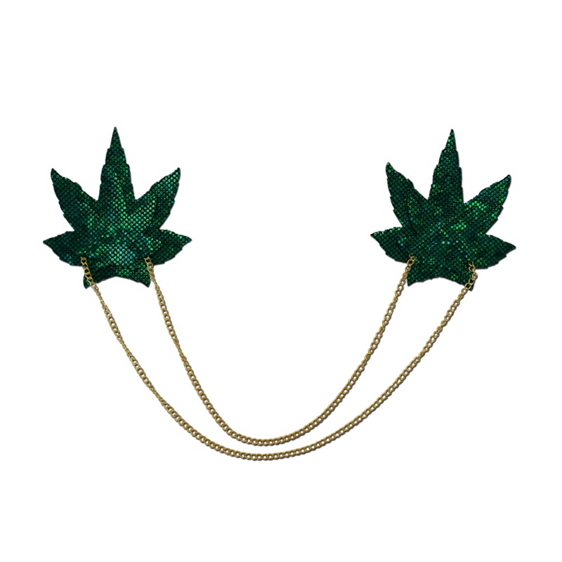 Chains: Shattered Glass Disco Ball Green Weed with Gold Chain Nipple Pasties by Pastease