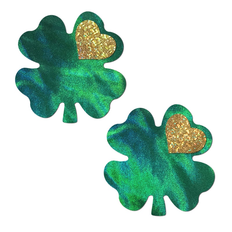 Coverage: Clover Green Holographic with Glitter Gold Heart Breast Coverings by Pastease Green