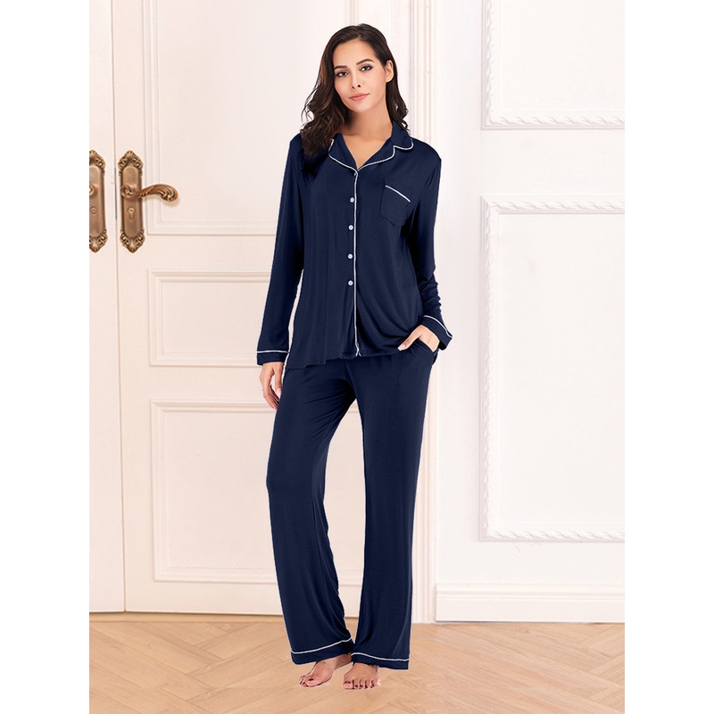 Collared Neck Long Sleeve Loungewear Set with Pockets Navy S