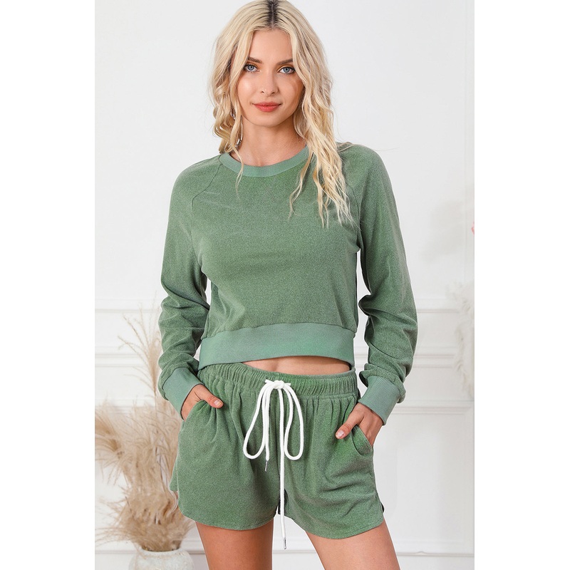 Round Neck Long Sleeve Top and Drawstring Shorts Lounge Set Gum Leaf S