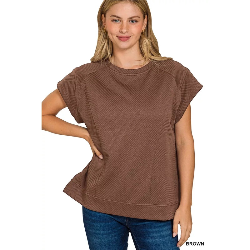 Zenana Textured Knit Jacquard Short Sleeve Top BROWN S
