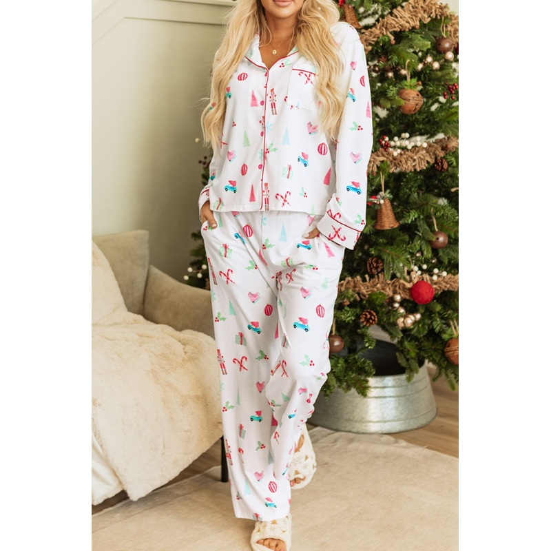 Christmas Printed Collared Neck Top and Pants Lounge Set White S