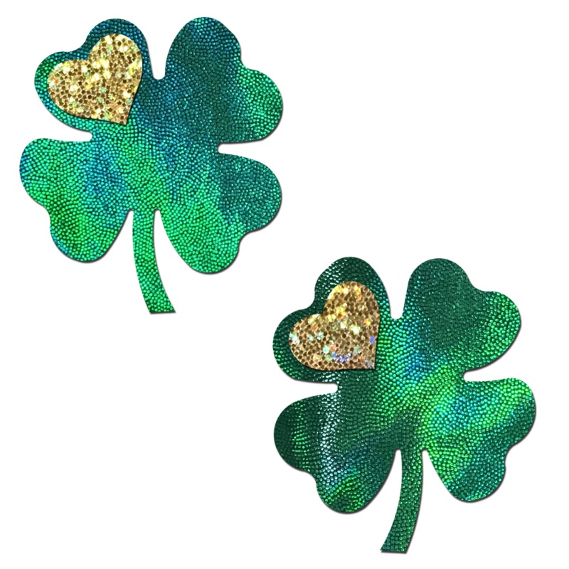 Four Leaf Clover: Holographic Green Shamrocks with Hearts o’ Gold Nipple Pasties by Pastease Green