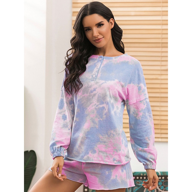 Ivy Lane Tie-Dye Long Sleeve Top and Shorts Lounge Set Pink-Blue S