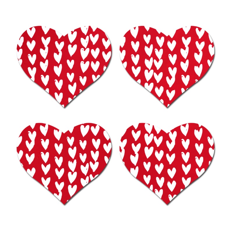 Petites: Two-Pair Small Red Hearts Pattern on White Hearts Nipple Pasties by Pastease Red