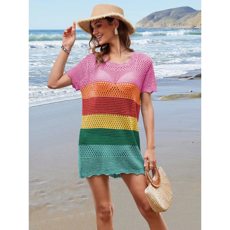 Openwork Round Neck Short Sleeve Cover-UP Rainbow S