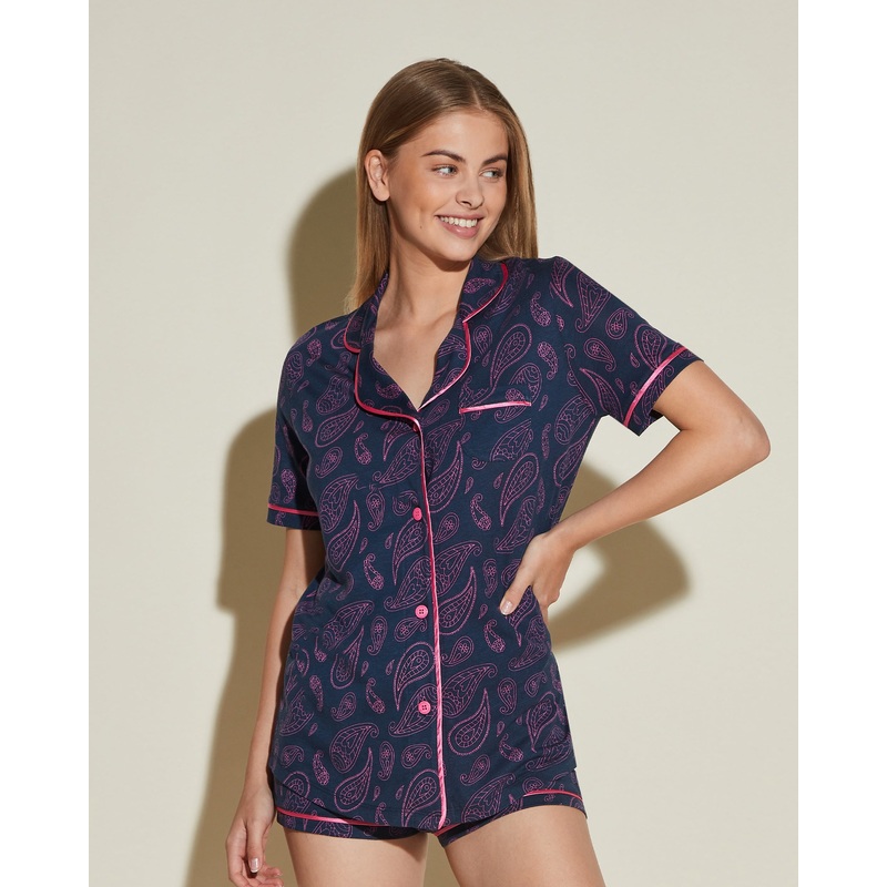 Short Sleeve Top & Boxer Pajama Set Navy Paisley XS