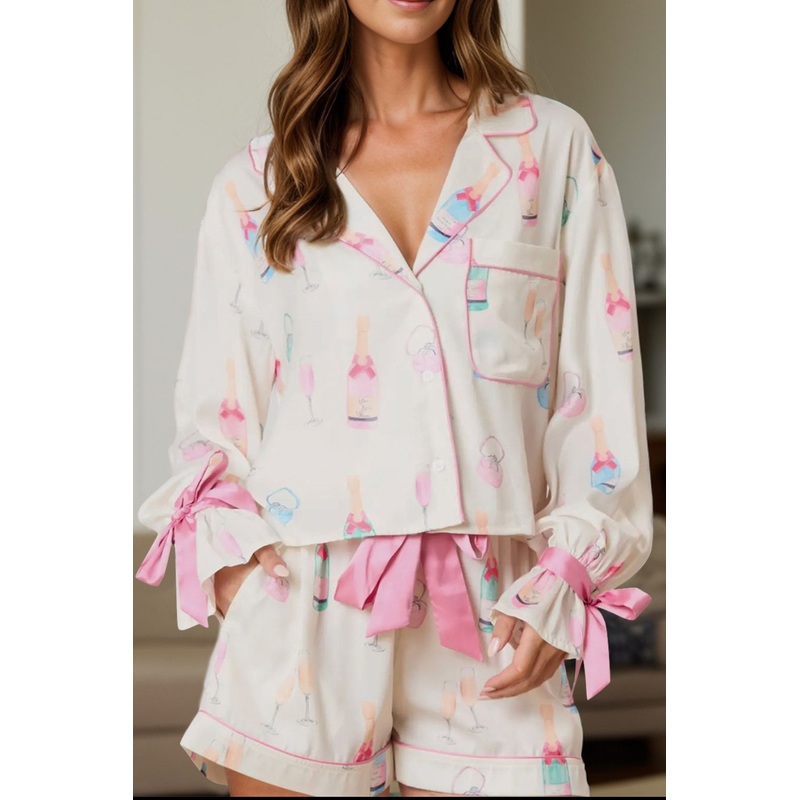 Bow Printed Collared Neck Top and Drawstring Shorts Lounge Set White S