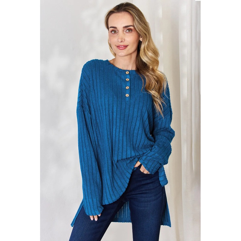 Basic Bae Full Size Ribbed Half Button Long Sleeve High-Low T-Shirt Sky Blue S