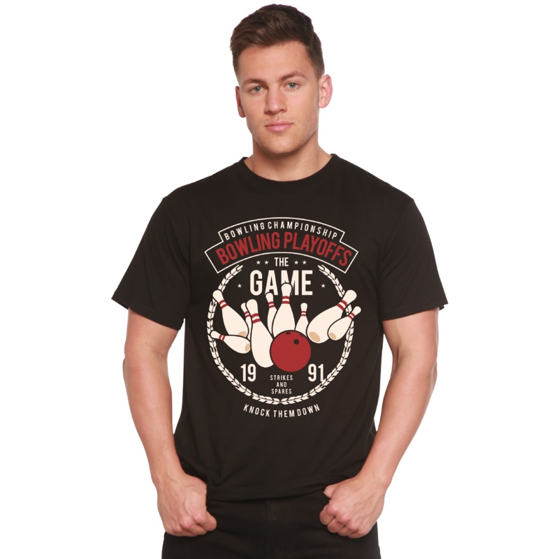 Bowling Playoffs Men’s Bamboo Viscose/Organic Cotton Short Sleeve Graphic T-Shirt Medium Black