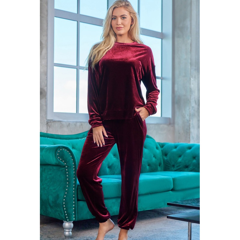 Long Sleeve Top and Pants Lounge Set Wine S