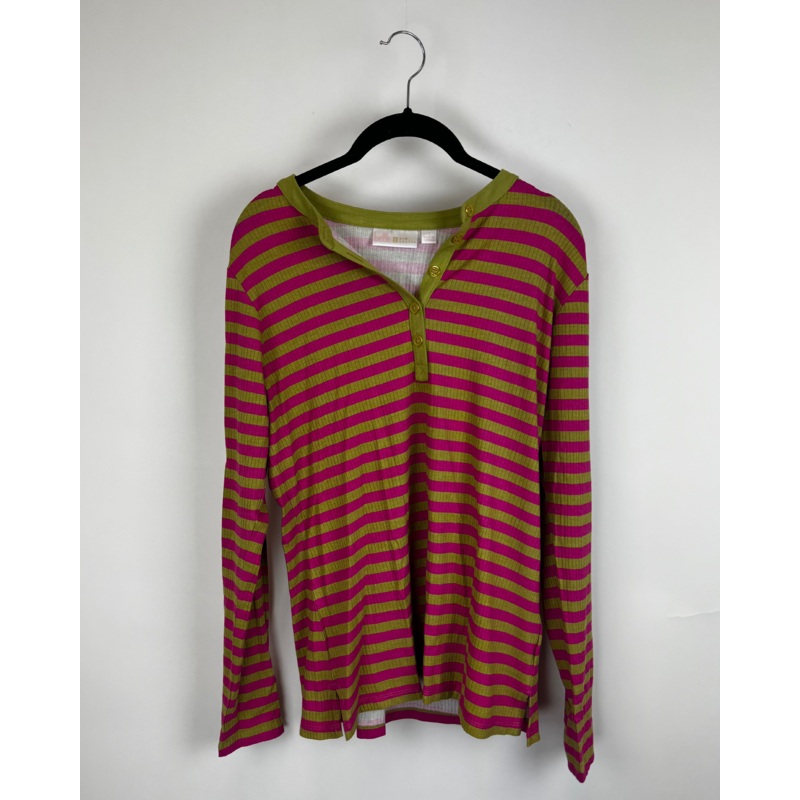 Pink And Green Stripe Henley Neckline Top – Size 6