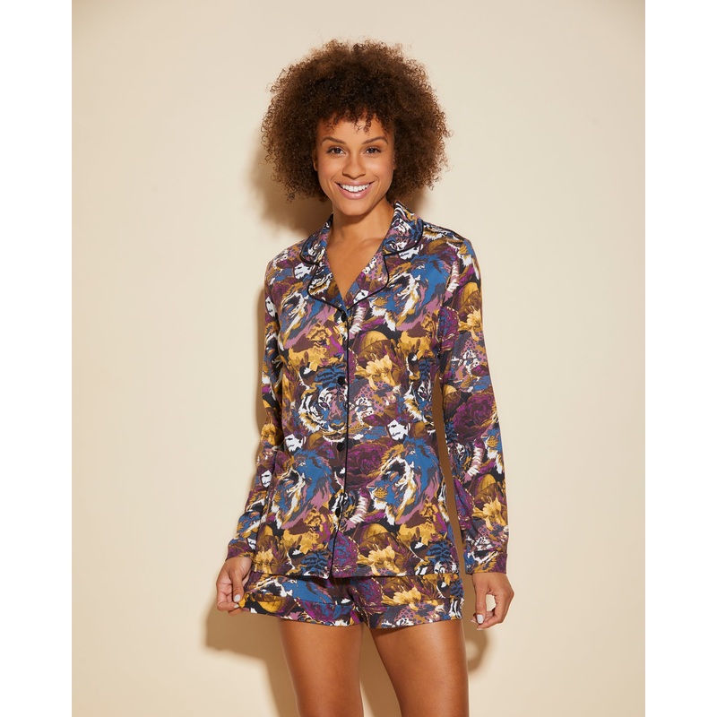 Bedrucktes Langrmeliges Top & Boxer Pyjama-Set Africa Tiger/Black XS