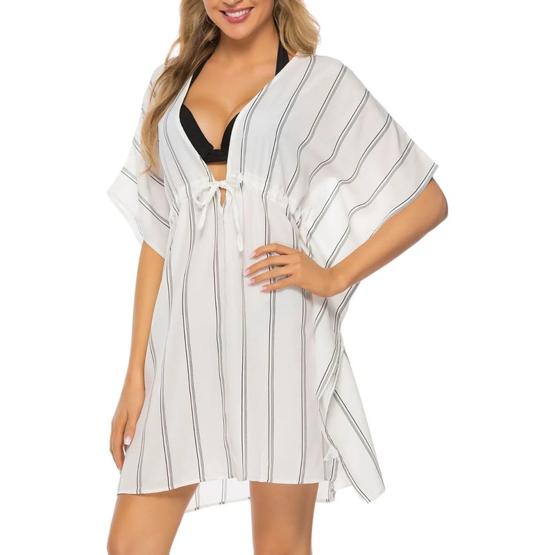 Drawstring Striped V-Neck Cover-Up White S