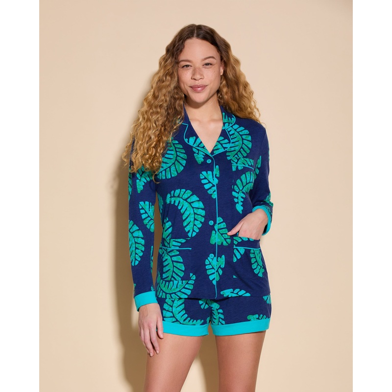 3 Pockets Long Sleeve Top & Boxer Pajama Set Leaf/Bright Teal XS
