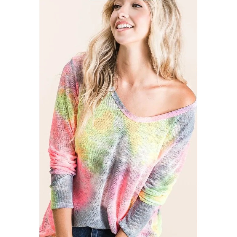 BiBi Tie Dye Print Low Gauge Knit Top NEON PINK/GREY S