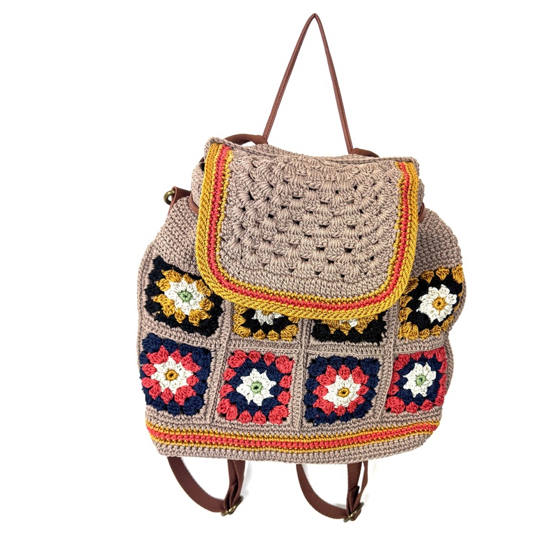 Beige Backpack With Crochet Patchwork