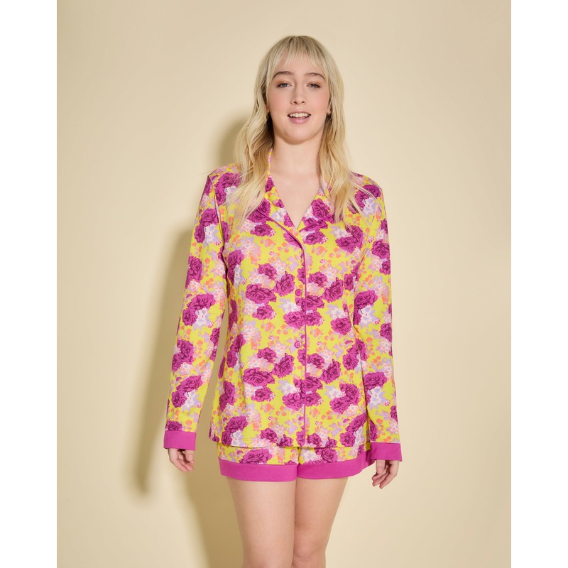 Printed Long Sleeve Top & Boxer Pajama Set Floral Burst/Neon Yellow XS