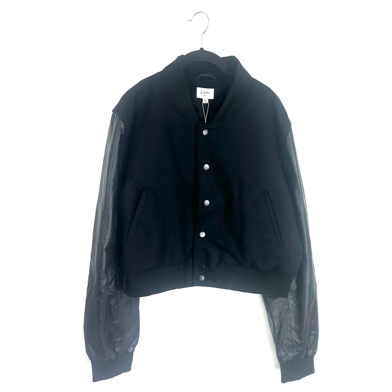 Black Bomber Jacket with Leather Sleeves – Size 6