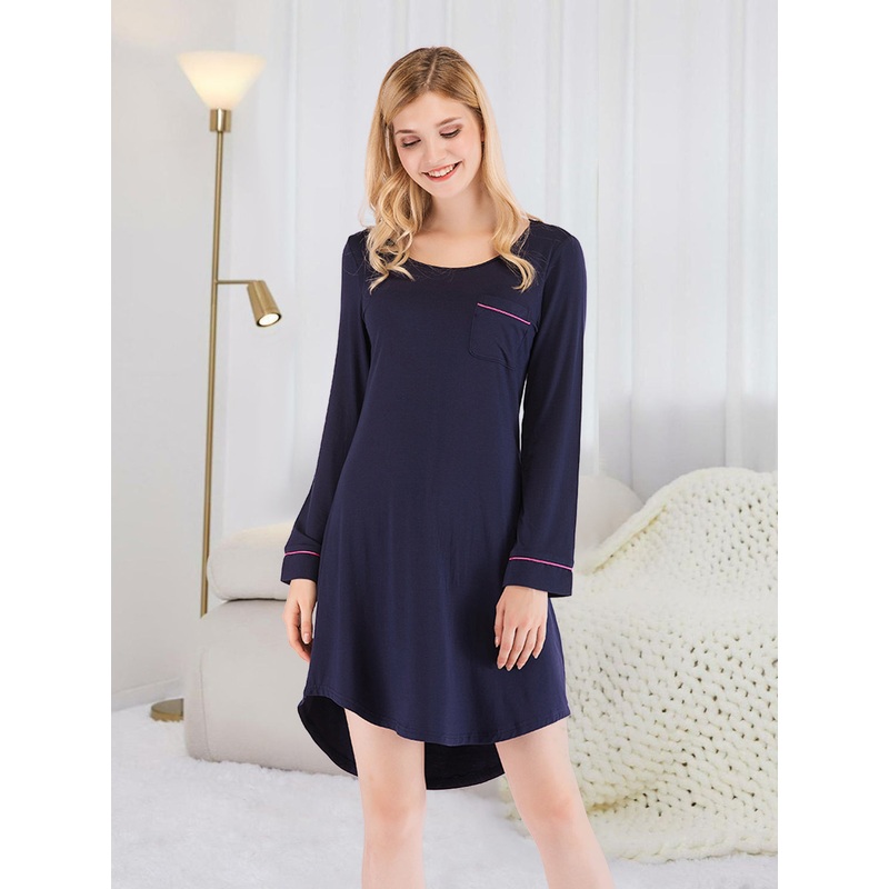 Round Neck Night Dress with Pocket Dark Navy S