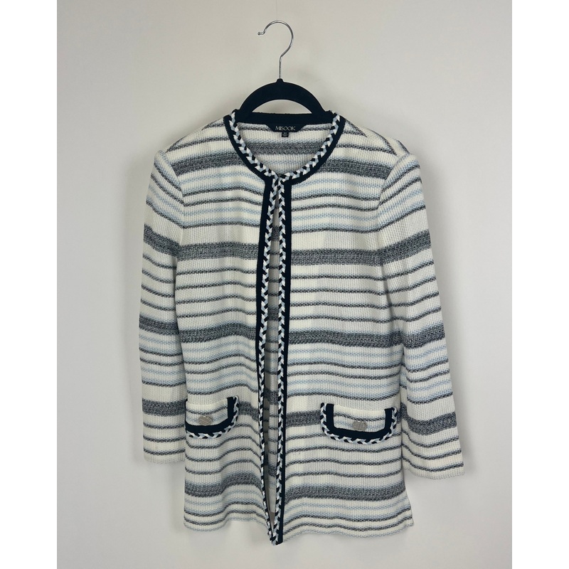 White and Blue Striped Knit Cardigan – Size 2/4