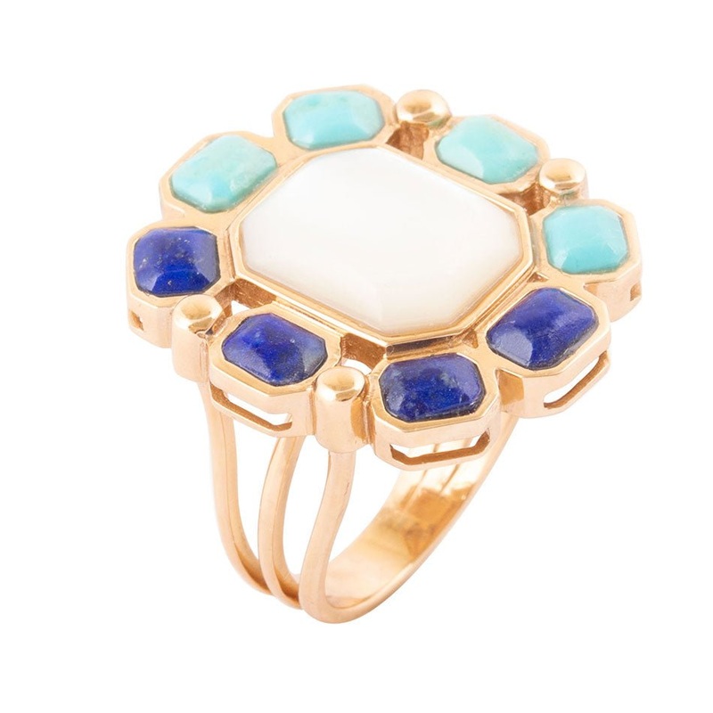 Dual Color Blue Lapis Turquoise and White Mother of Pearl Golden Ring 7