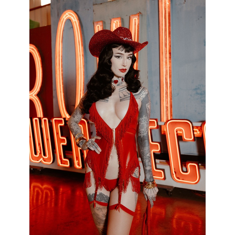 Hendrix Faux Leather & Fringe Chemise Crimson Red S