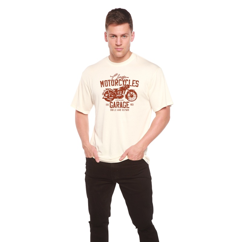 Motorcycles Garage Men’s Bamboo Viscose/Organic Cotton Short Sleeve Graphic T-Shirt Medium Black