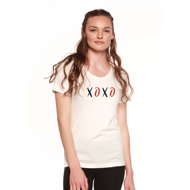 XOXO Women’s Bamboo Sleeve Scoop Neck Graphic T-Shirt Medium Black