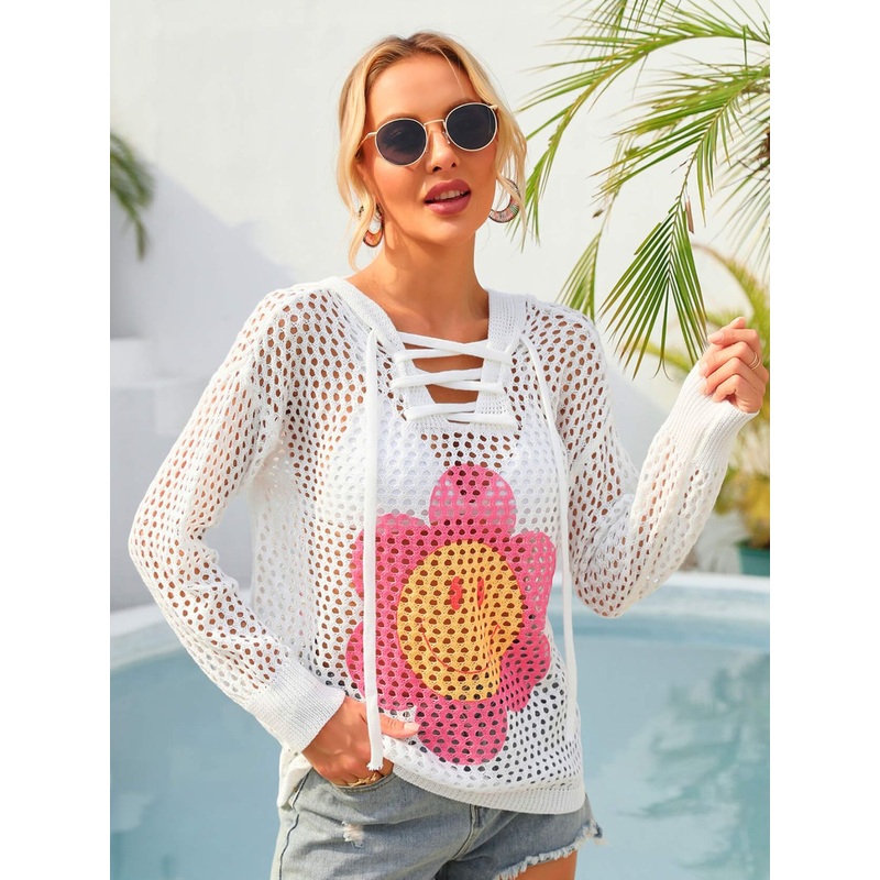 Angel Wings Flower Graphic Lace-Up Openwork Hooded Cover Up White S