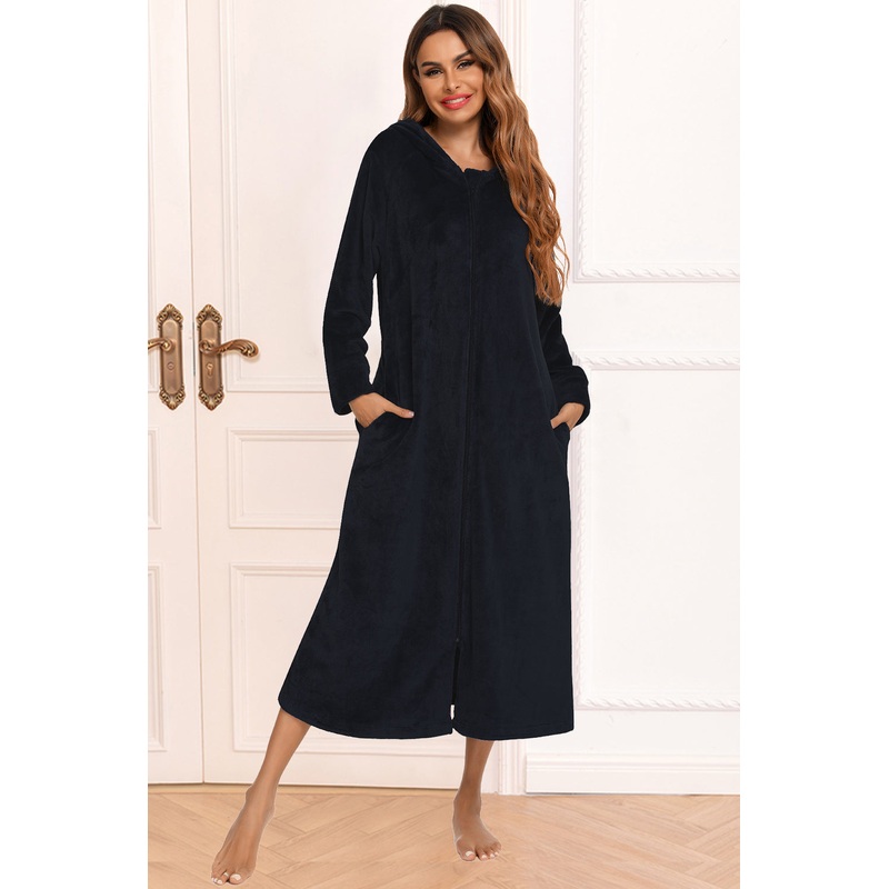 Zip Front Hooded Night Dress with Pockets Black S