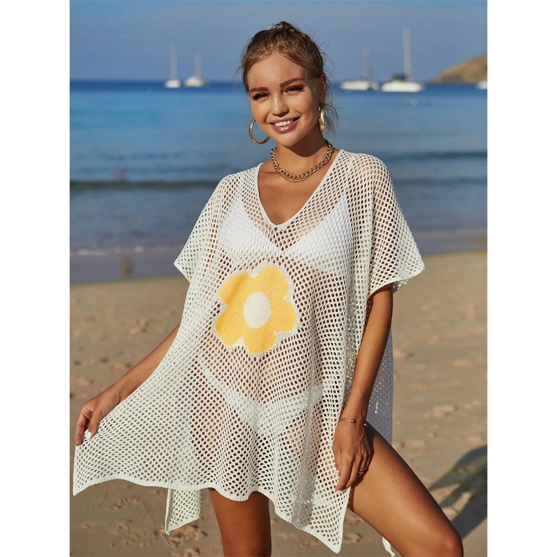 Angel Wings Openwork Flower V-Neck Short Sleeve Cover Up White One Size