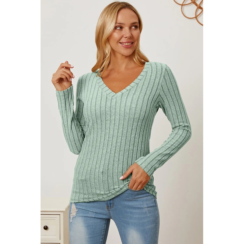Basic Bae Full Size Ribbed V-Neck Long Sleeve T-Shirt Light Green S