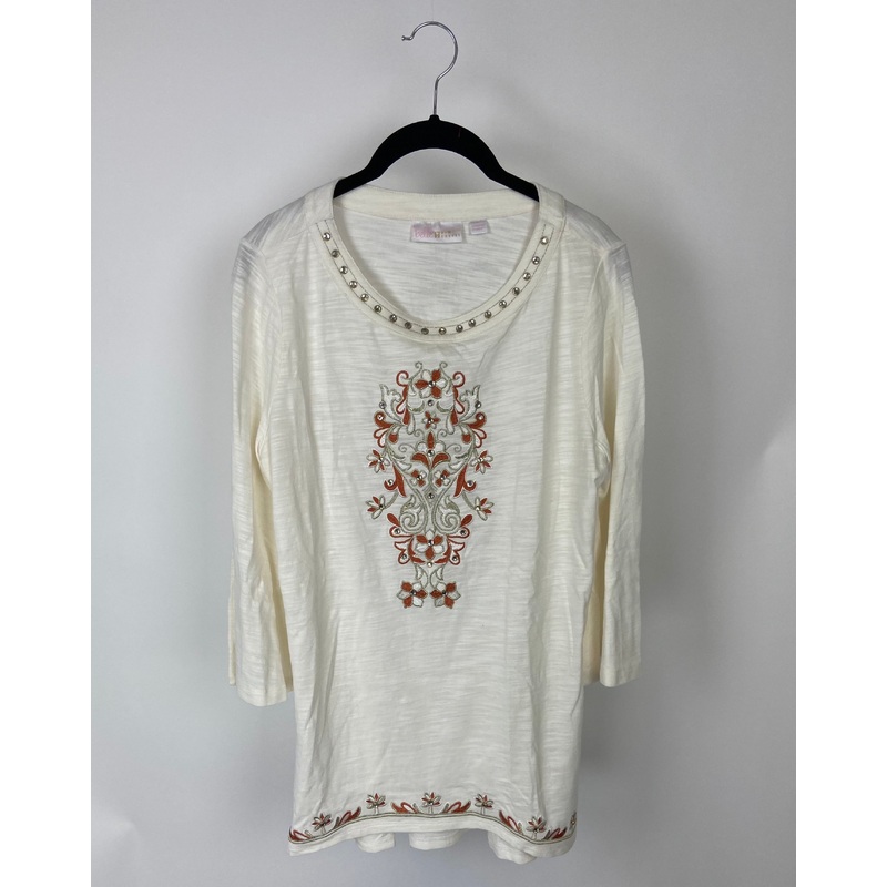 White Top With Burnt Orange Floral Embroidery – Small/Medium Small/Medium