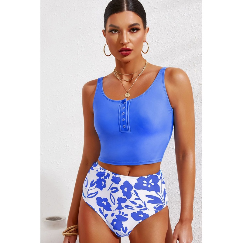 Half Snap Square Neck Tankini Set Red S
